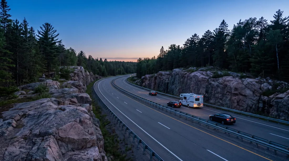 Divided highway through granite rock cuts and pine forest